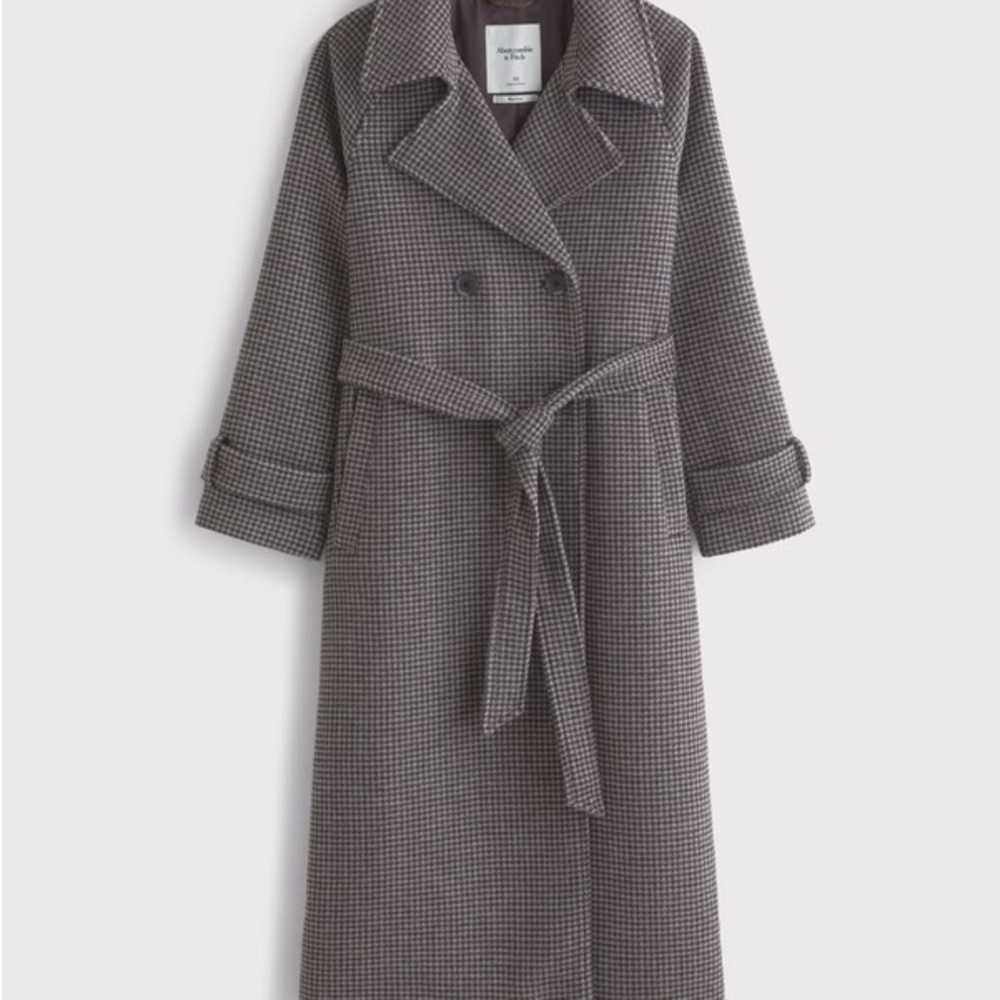 Abercrombie & Fitch Gray Houndstooth Wool-Blend Belted Trench Coat